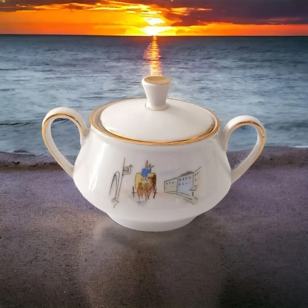 Bareuther Germany Porcelain Sugar Bowl Horse Carriage Street Scene‎ 8010 Vintage